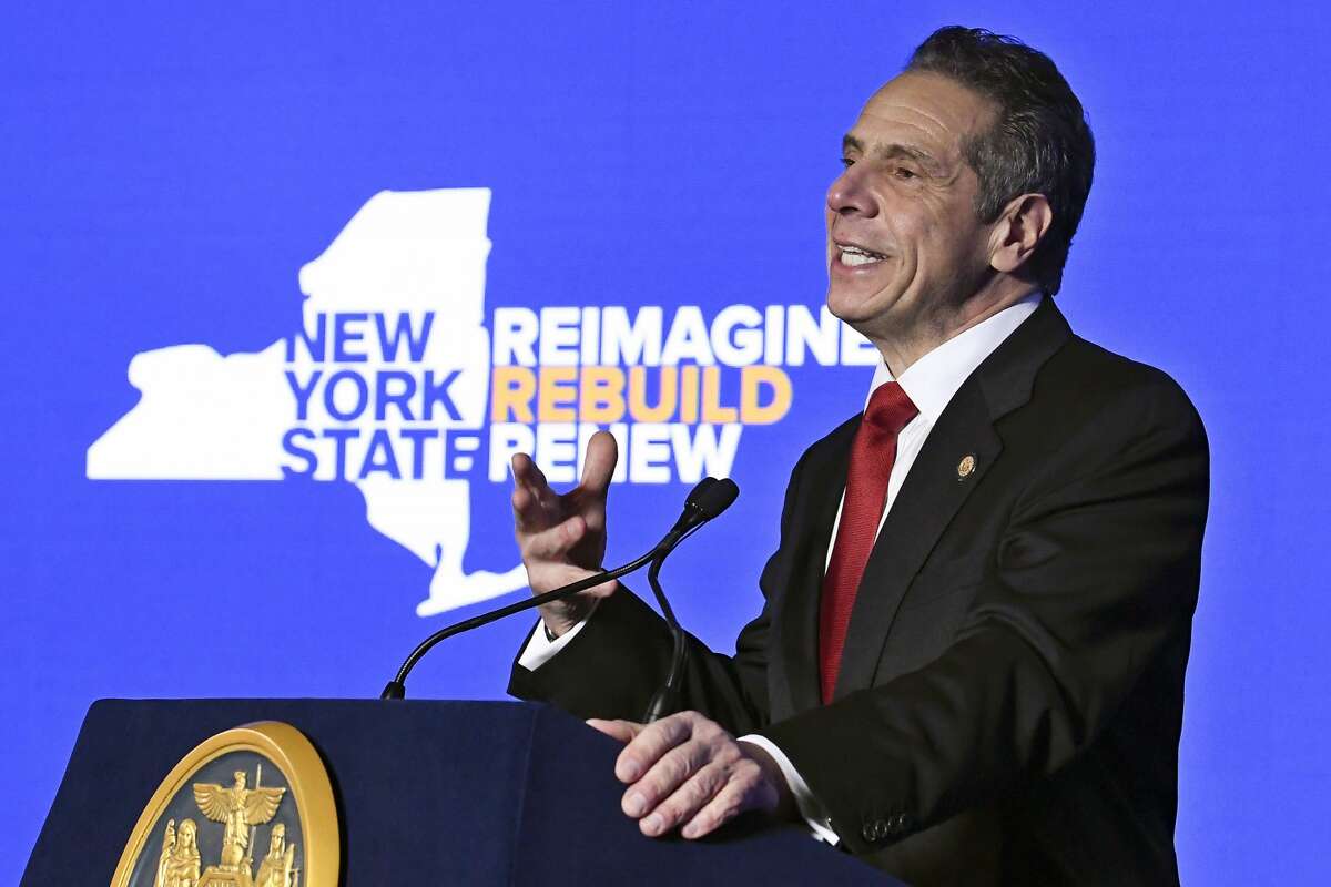 In this Jan. 11, 2021 file photo, New York Gov. Andrew Cuomo delivers his State of the State address virtually from The War Room at the state Capitol, in Albany, N.Y.