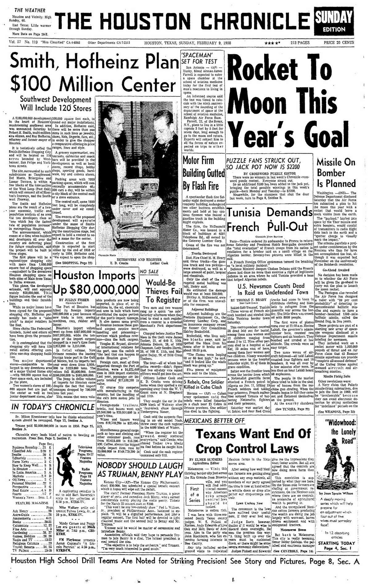 Houston Chronicle Page One Feb. 9, 1958