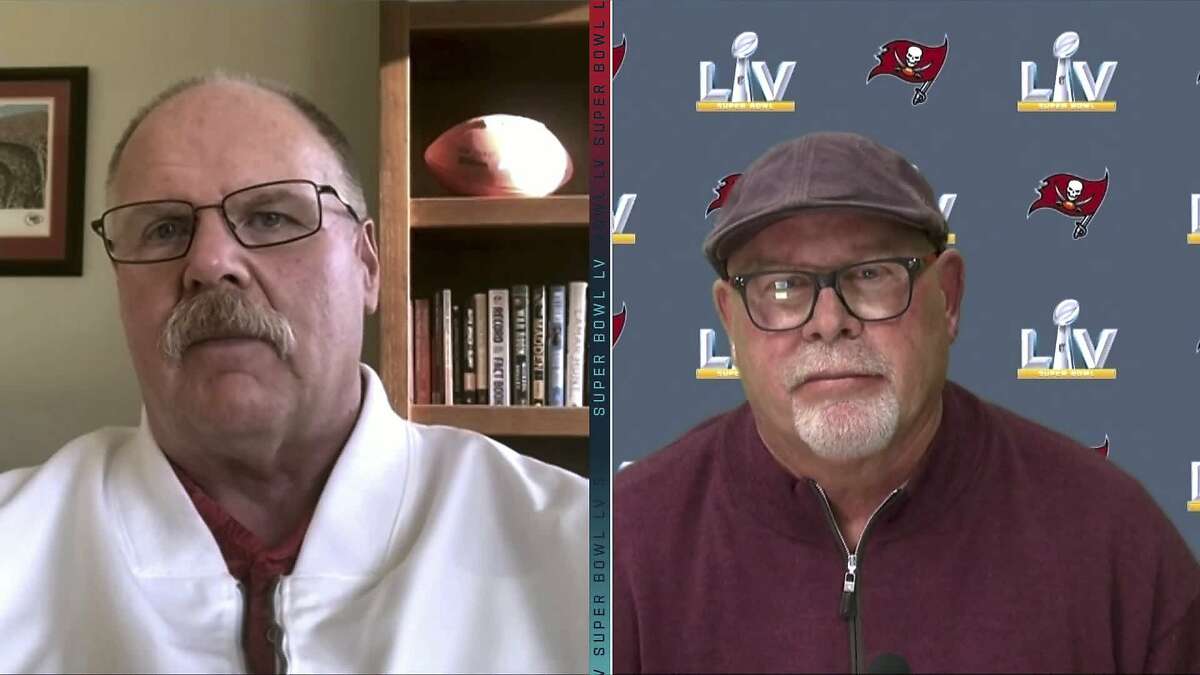 Chiefs coach Andy Reid (left) and Buccaneers coach Bruce Arians talk to reporters on Zoom this week before retreating to opposite sidelines in Sunday's Super Bowl.