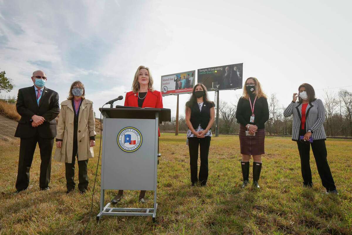 Harris County District Clerk Marilyn Burgess (at podium) held a press conference to launch an outreach campaign to increase jury participation in Harris County Monday, Feb. 8, 2021, in Houston.