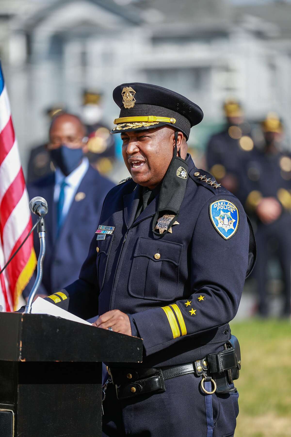 Oakland Police Chief LeRonne Armstrong speaks after being sworn in at McClymonds High School on Feb. 8, 2021.