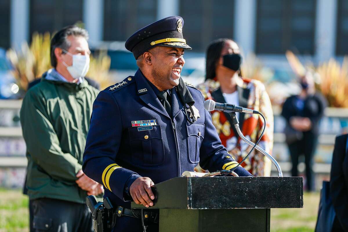 Oakland Police Chief LeRonne Armstrong speaks after being sworn in as the new chief of the police department at McClymonds High School on Monday, Feb. 8, 2021 in Oakland, California.