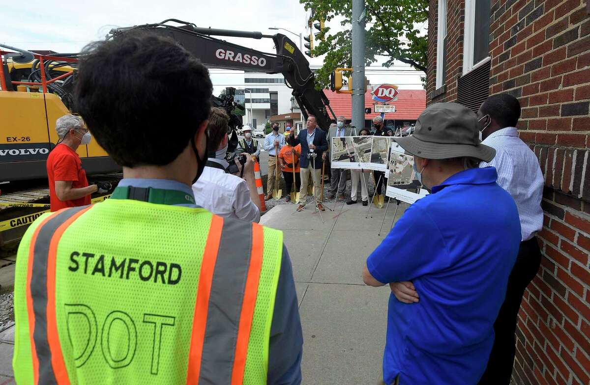 Jim Travers. Bureau Chief for the City of Stamford Transportation, Traffic and Parking, announces with Mayor David Martin a $1.4 million pedestrian safety project along Summer Street in downtown Stamford, Connecticut on July 23, 2020.