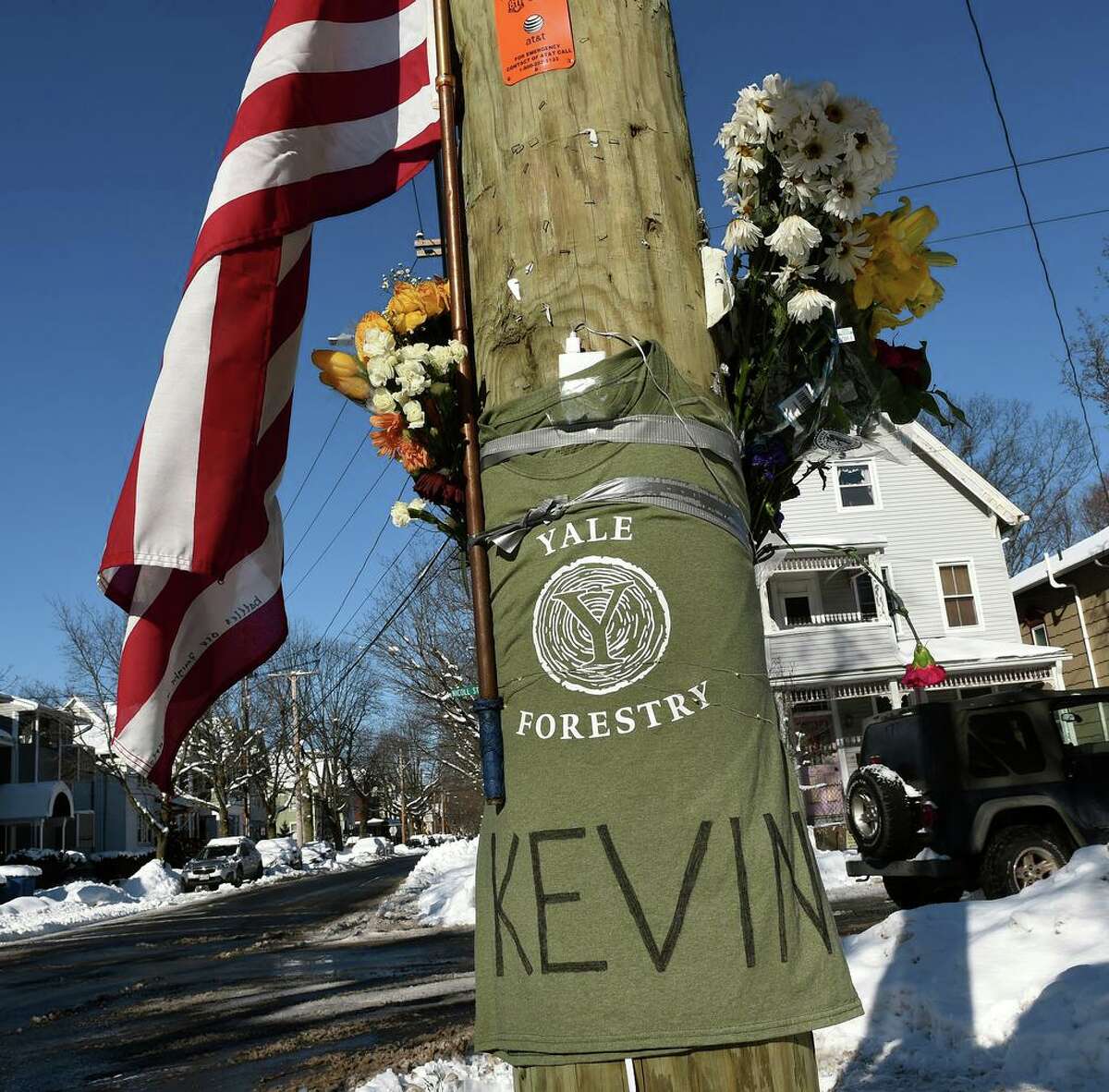 A memorial for Yale School of the Environment student Kevin Jiang near the scene of his shooting at the corner of Nicoll and Lawrence Street in New Haven on February 8, 2021.