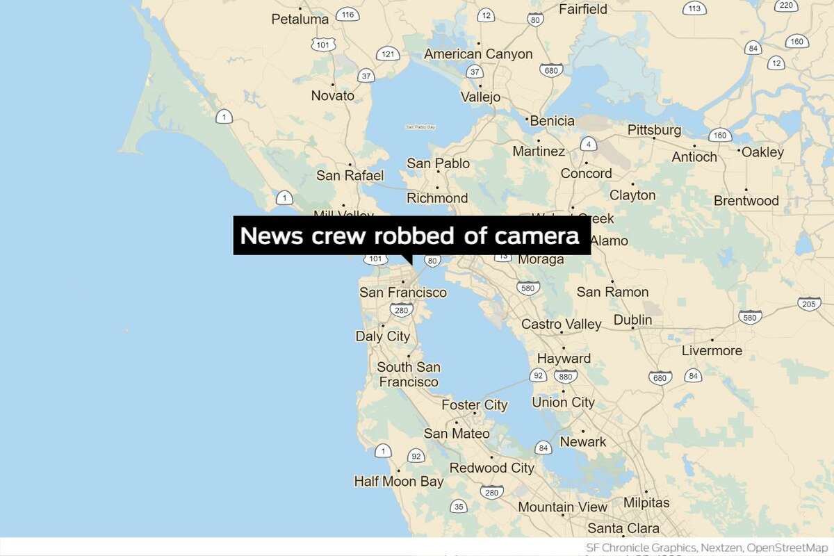 San Francisco police arrested two men for allegedly robbing a local television news crew’s camera last week near the eastbound I-80 Bay Bridge Ramp.