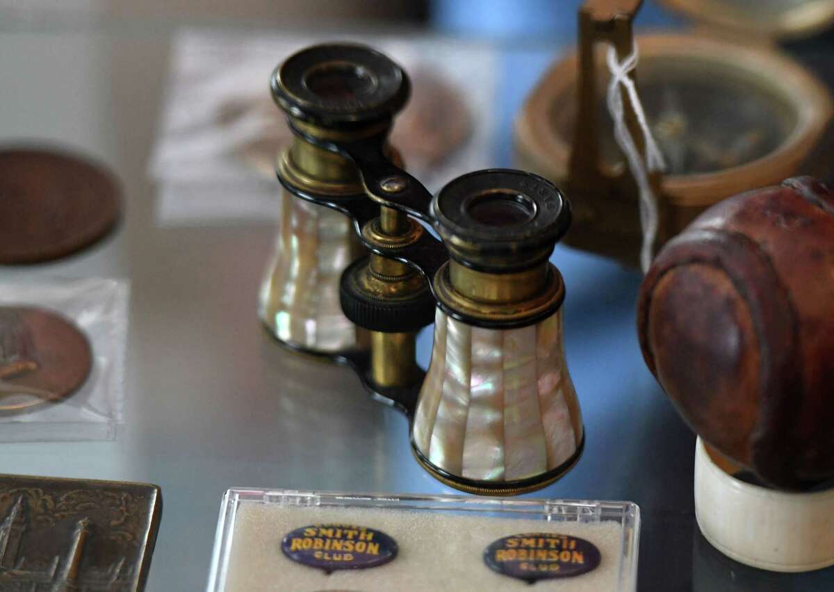 Vintage opera glasses are displayed at Dennis Holzman Antiques on Tuesday, Feb. 9, 2021, in Cohoes, N.Y. Dennis Holzman has been selling antiques for use in HBO's 'The Gilded Age series.' (Will Waldron/Times Union)