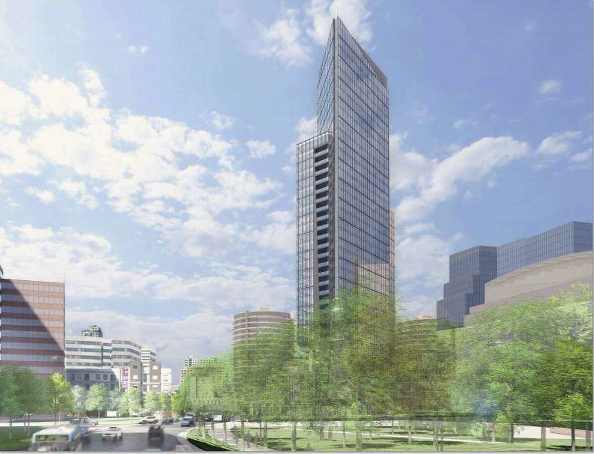 This is an artist’s rendering of a proposed residential tower for the parcel at 677 to 707 Washington Blvd. in downtown Stamford.