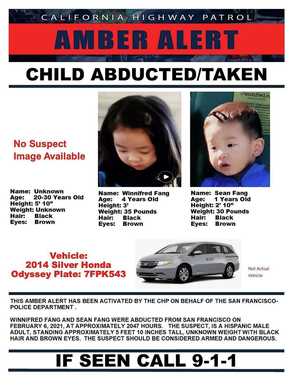 California Highway Patrol issued an Amber Alert for two children, Winnifred Fang, age 4 and Sean Fang, age 1, who were abducted in a San Francisco carjacking Saturday night.
