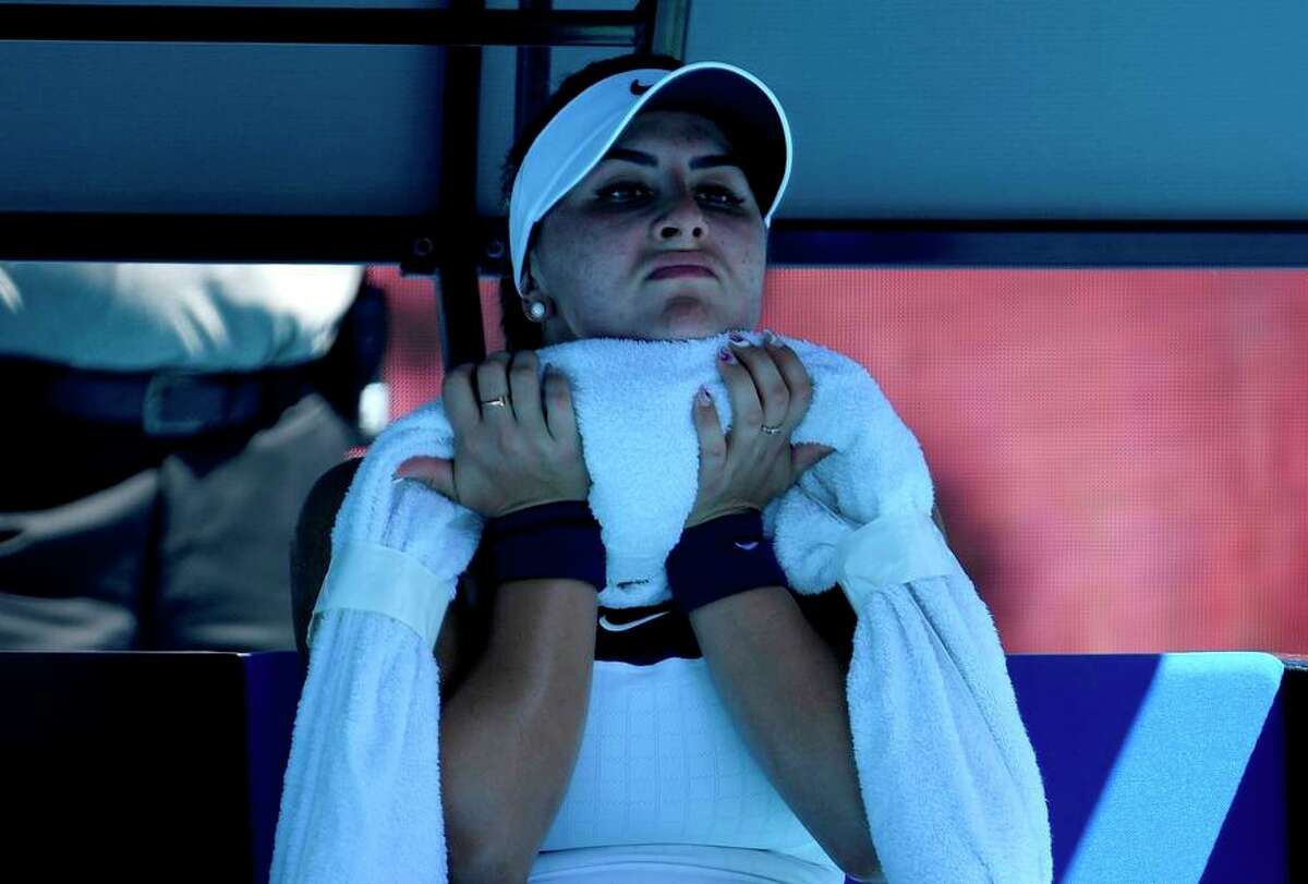 Canada’s Bianca Andreescu tries to cool down with an ice towel between the games during her loss to Hsieh Su-wei.