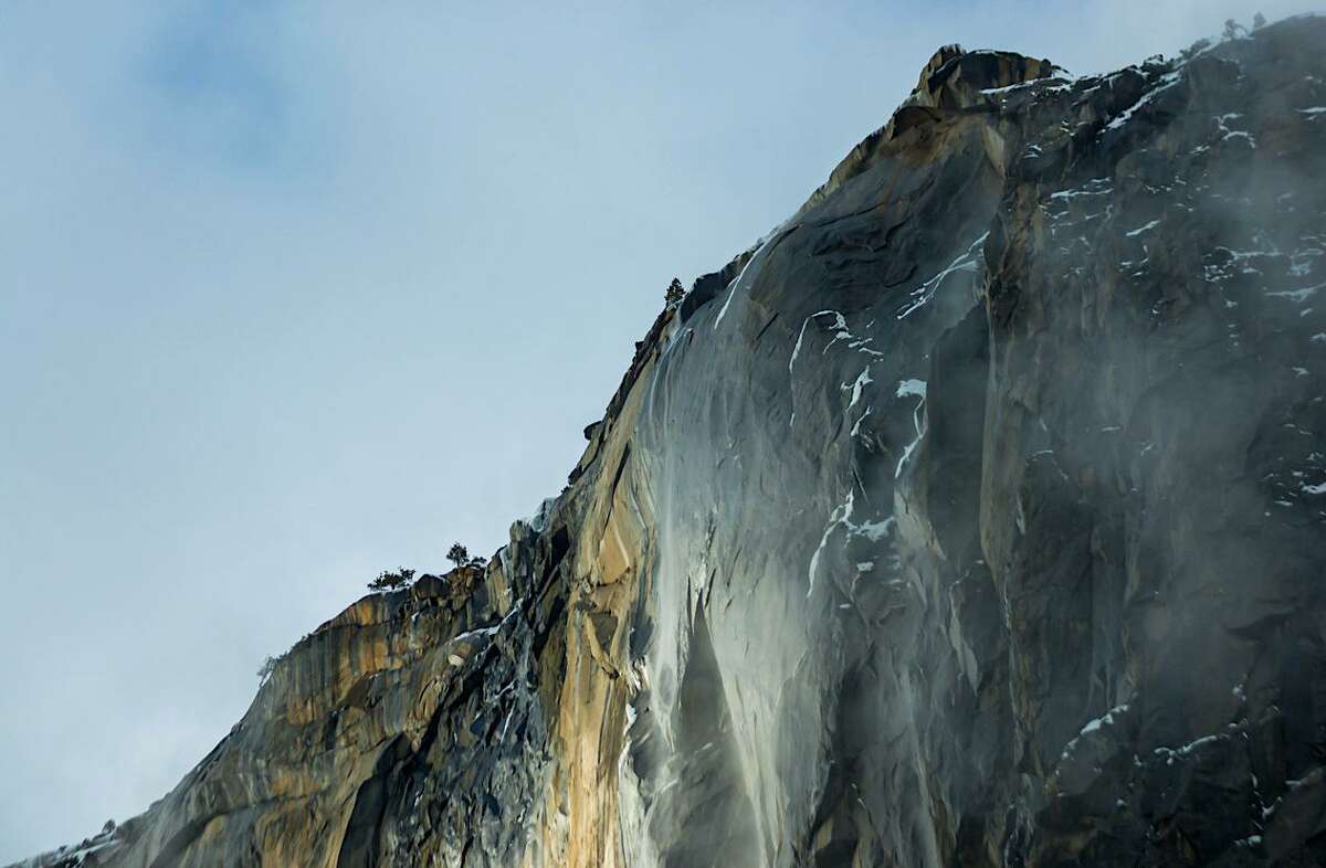 A view of Horsetail Falls in Yosemite National Park during an anticipated firefall event that didn't occur.