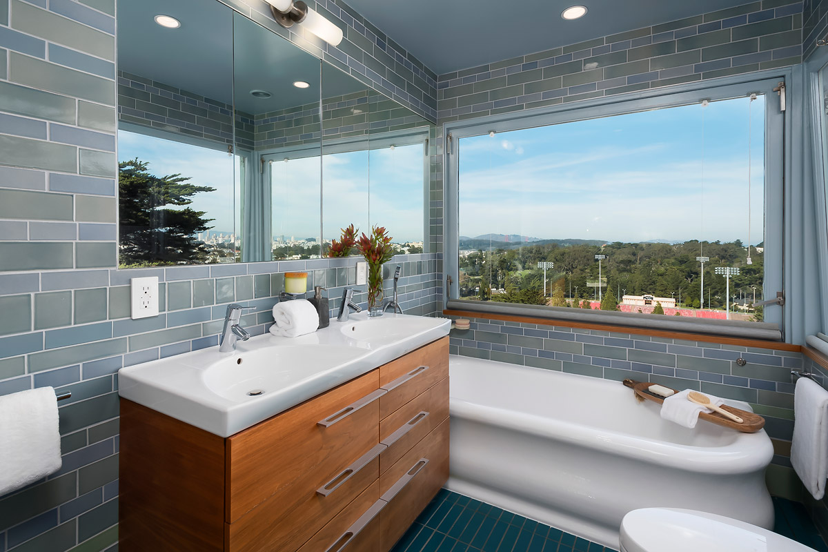 Modern meets vintage in this, one of 3.5 bathrooms.