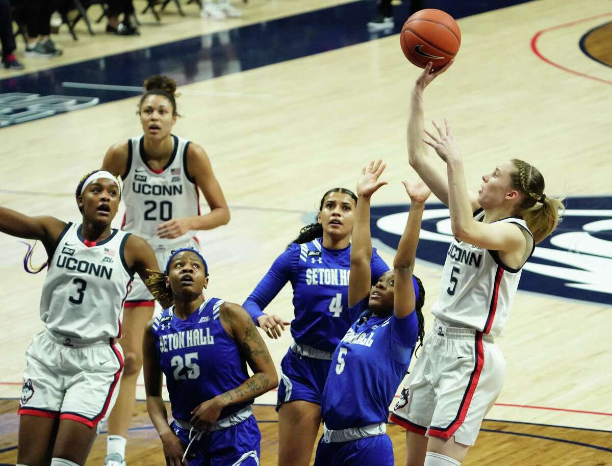 UConn’sPaige Bueckers (5) shoots against Seton Hall in the first half on Wednesday in Storrs.