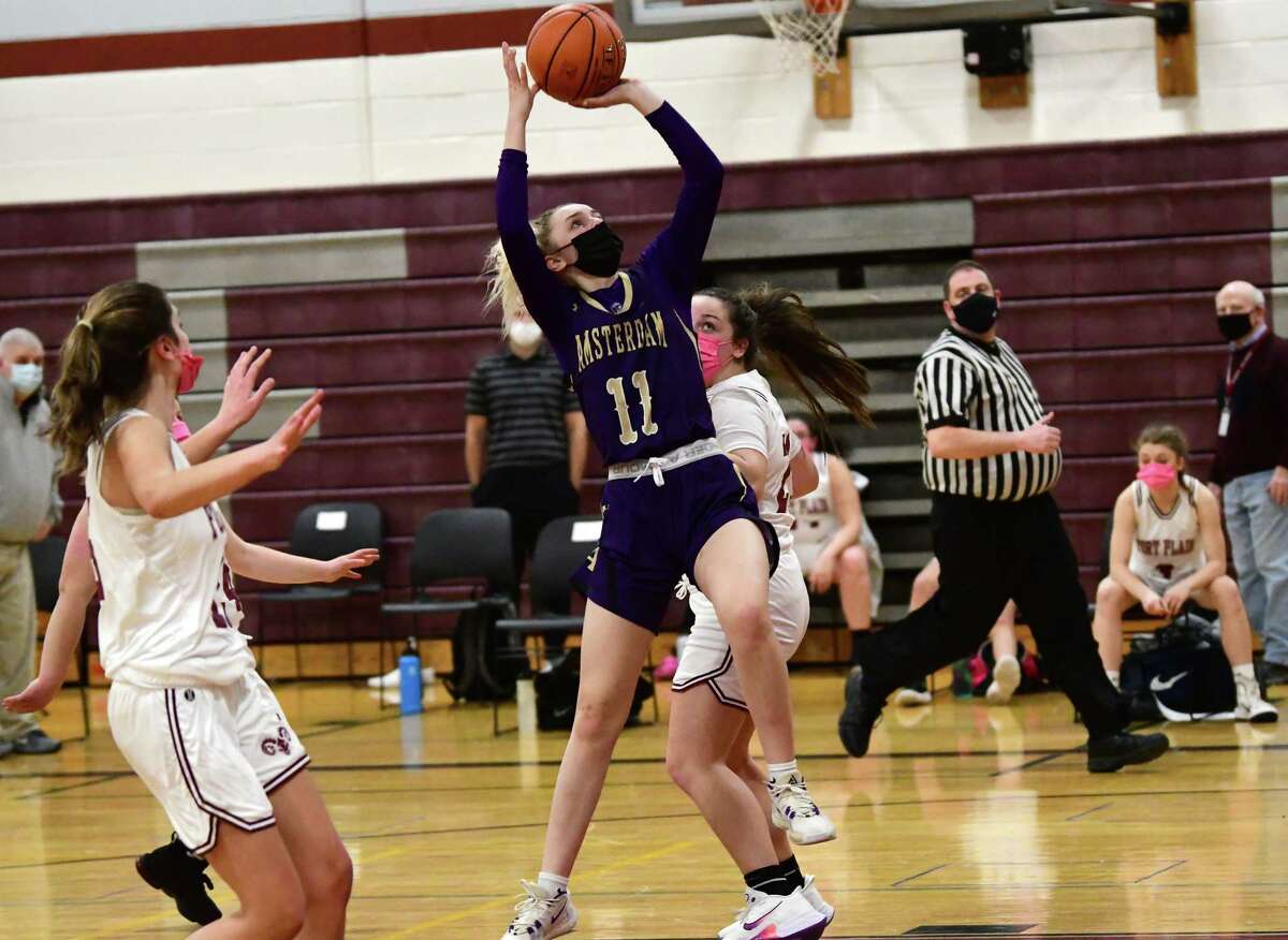 Amsterdam's Andie Gannon goes up for a layup during a basketball game against Fort Plain on Wednesday, Feb. 10, 2021 in Fort Plain, N.Y. (Lori Van Buren/Times Union)