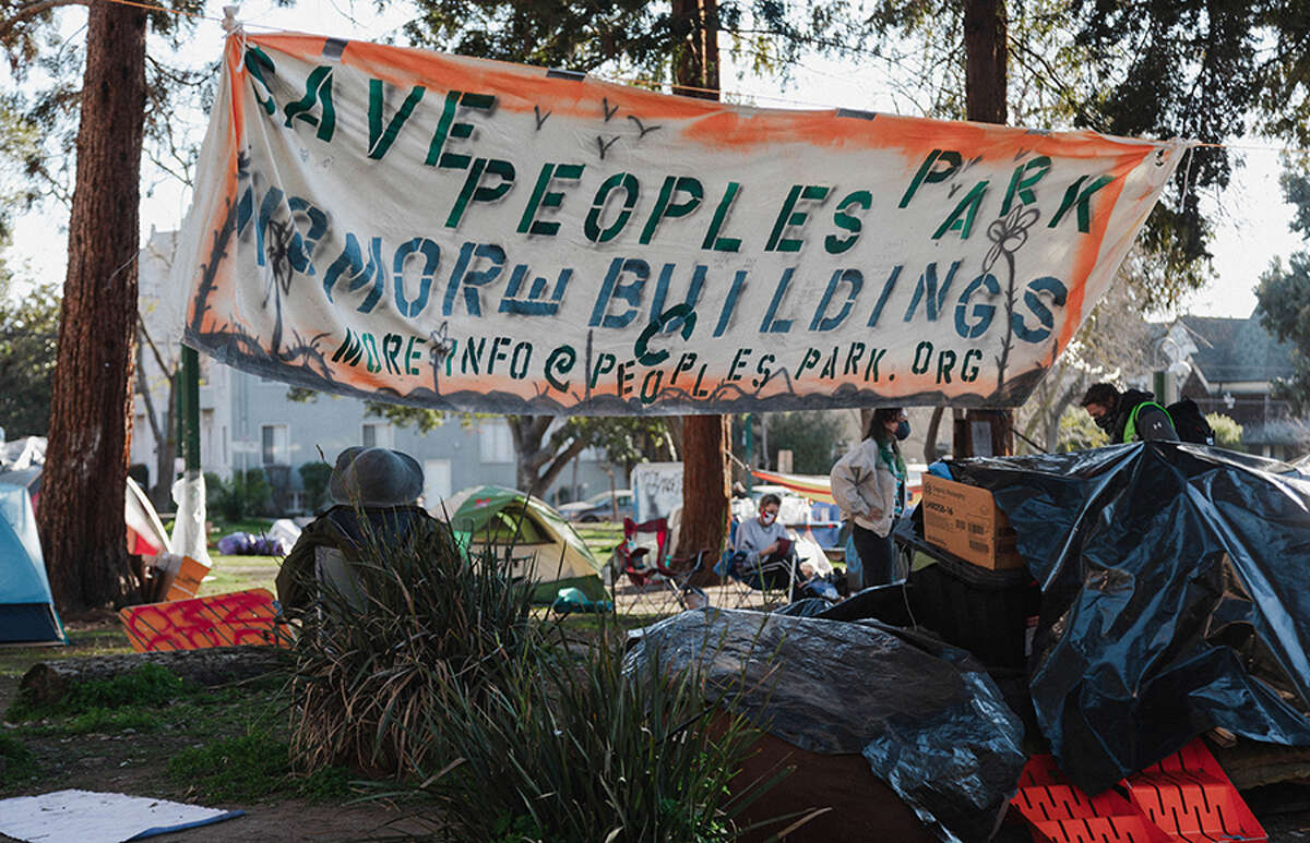 UC Berkeley students protest a planned housing development on People's Park in February 2021.