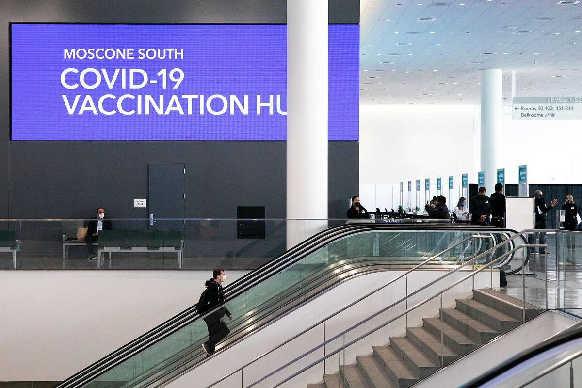 A mass COVID-19 vaccination site at Moscone South in San Francisco, Calif. Thursday, February 4, 2021. The Moscone Center expects to administer between 7,000 to 10,000 COVID-19 vaccines a day.