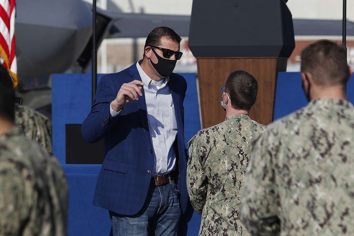 Rep. David Valadao, R-Calif., one of 10 Republican members of Congress who voted to impeach the President Donald Trump, speaks to sailors before Vice President Mike Pence's arrival at Lemoore Naval Air Station Saturday, Jan. 16, 2021, in Lemoore, Calif. (AP Photo/Gary Kazanjian)