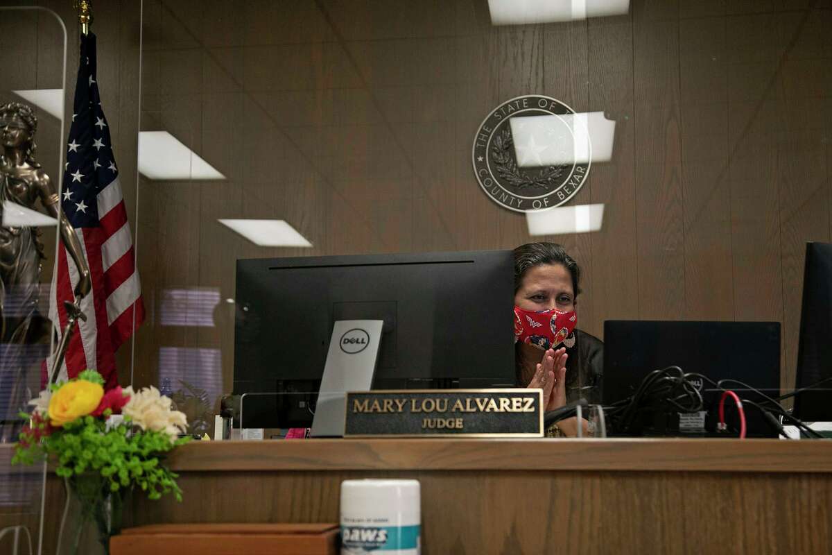 State District Judge Mary Lou Alvarez attends a debrief on Zoom with judges, attorneys and jurors following the conclusion of Bexar County’s fifth virtual jury trial earlier this month.