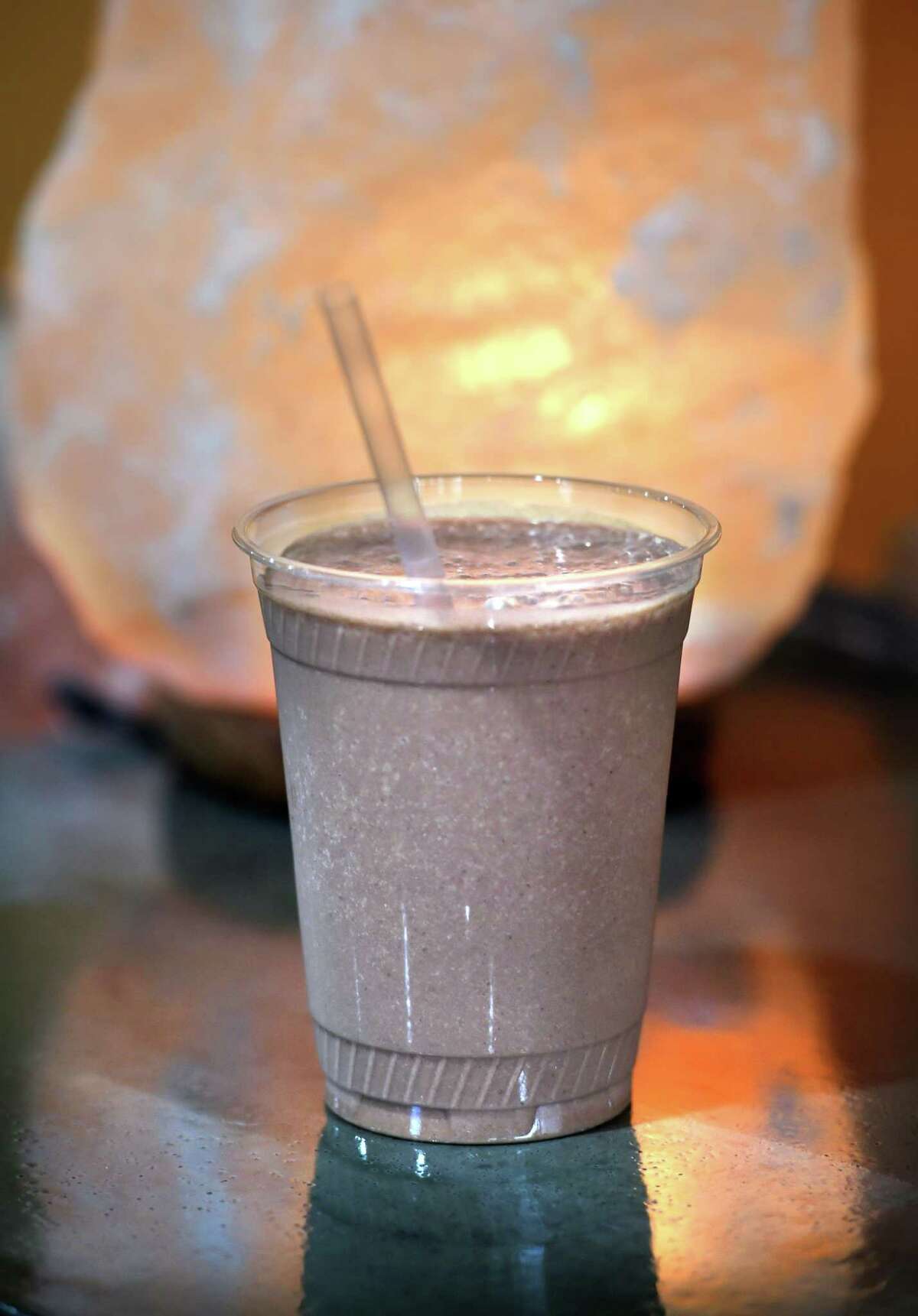 The smoothie of the month, a chocolate-covered strawberry smoothie, photographed at the Wild Alchemy Cafe on North Colony Road in Wallingford on Feb. 5, 2021.