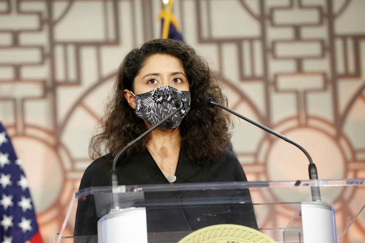 Harris County Judge Lina Hidalgo speaks during a local memorial to lives lost to COVID-19 Tuesday, Jan. 19, 2021, in Houston. Participants honored all lives lost in Houston, Harris County and the state of Texas to COVID-19 complications.