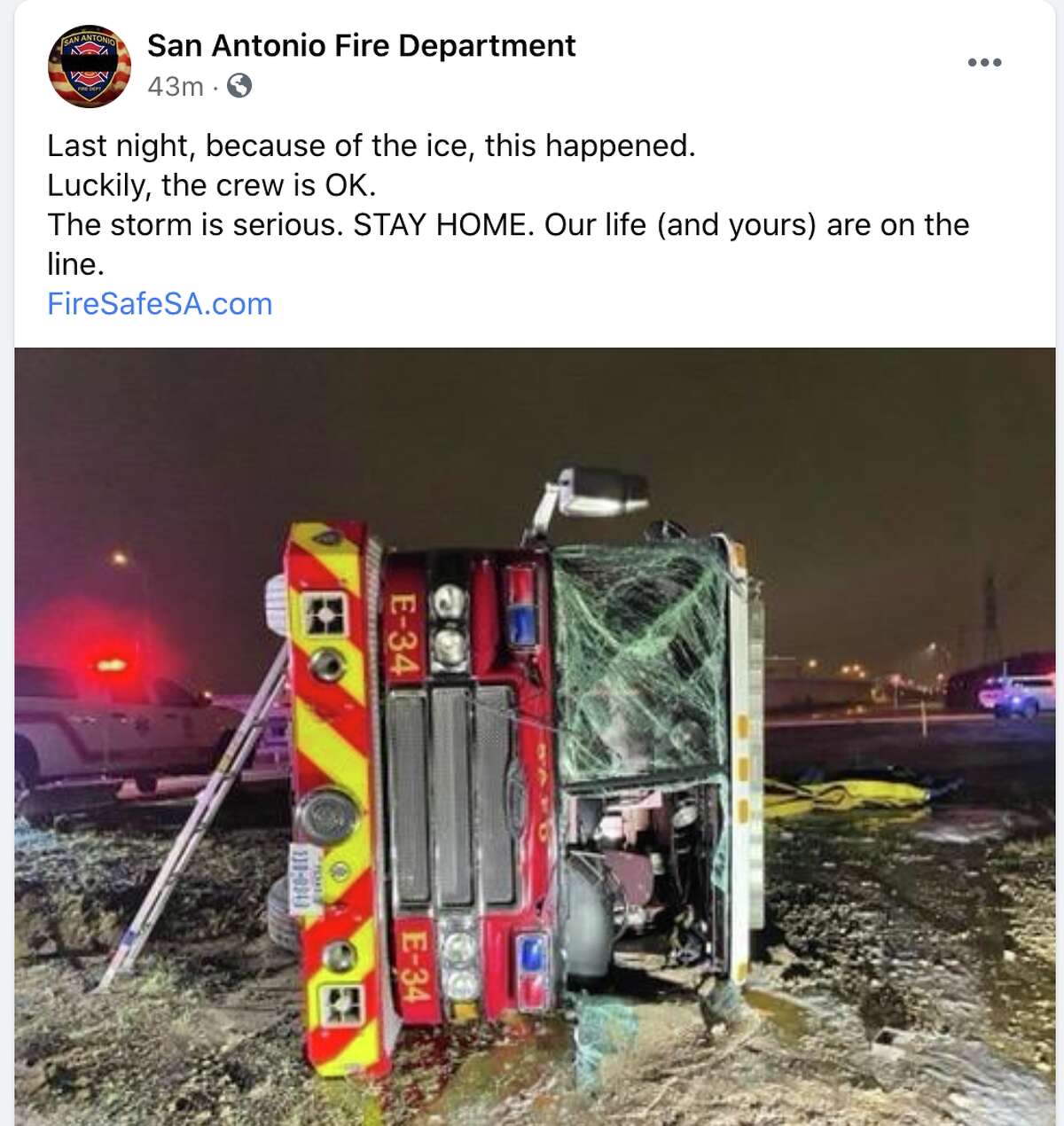 The San Antonio Fire Department shared the image of the truck that slid into an embankment.