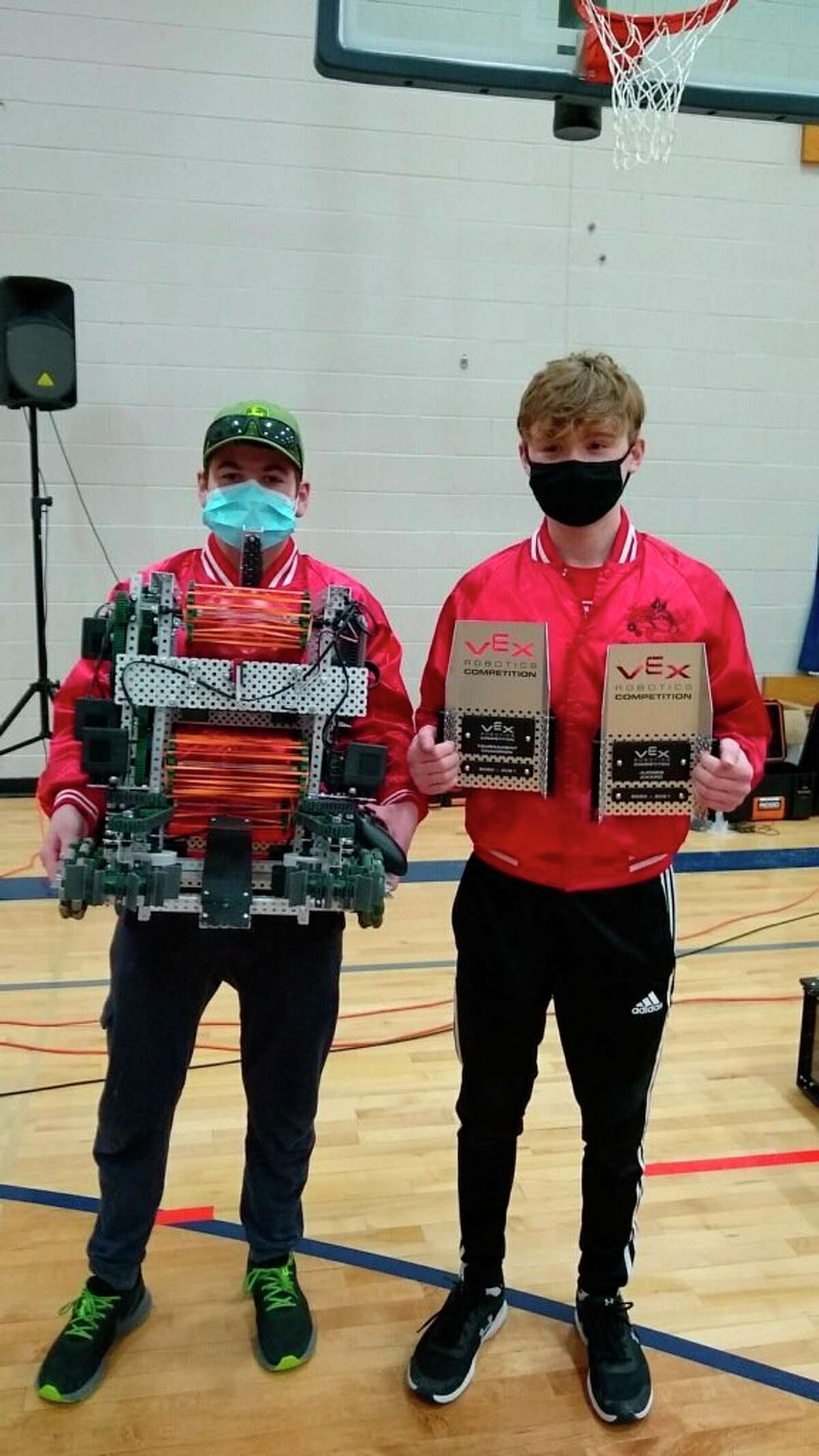 David McGee and Emmett Jaquish won were tournament champions at a VEX Robotics Challenge in Traverse City, which took place at the same time the VEX IQ challenge was happening at Benzie Central High School. (Courtesy Photo)