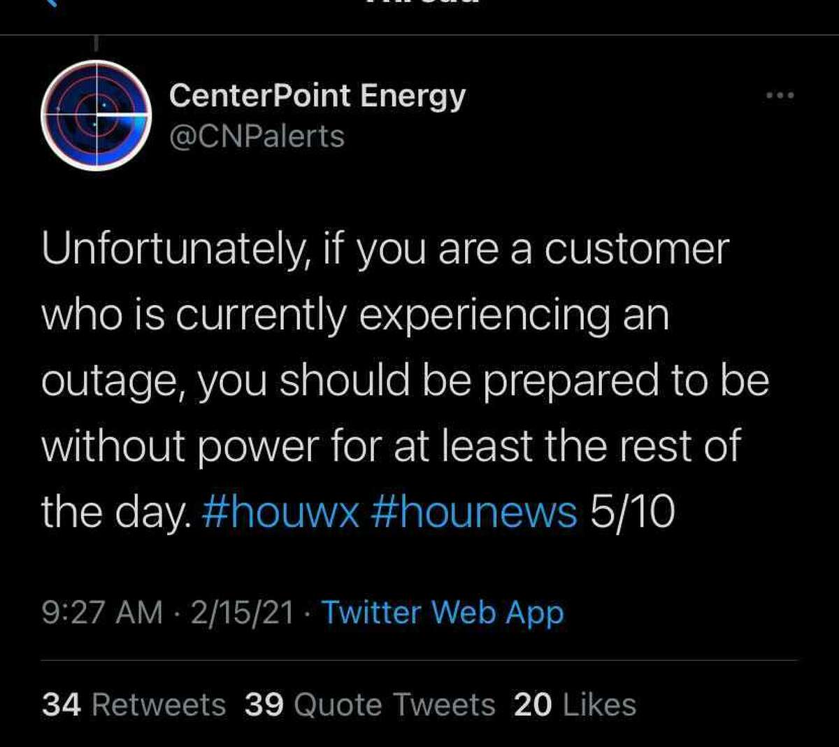 CenterPoint alert, Feb. 15, 2021