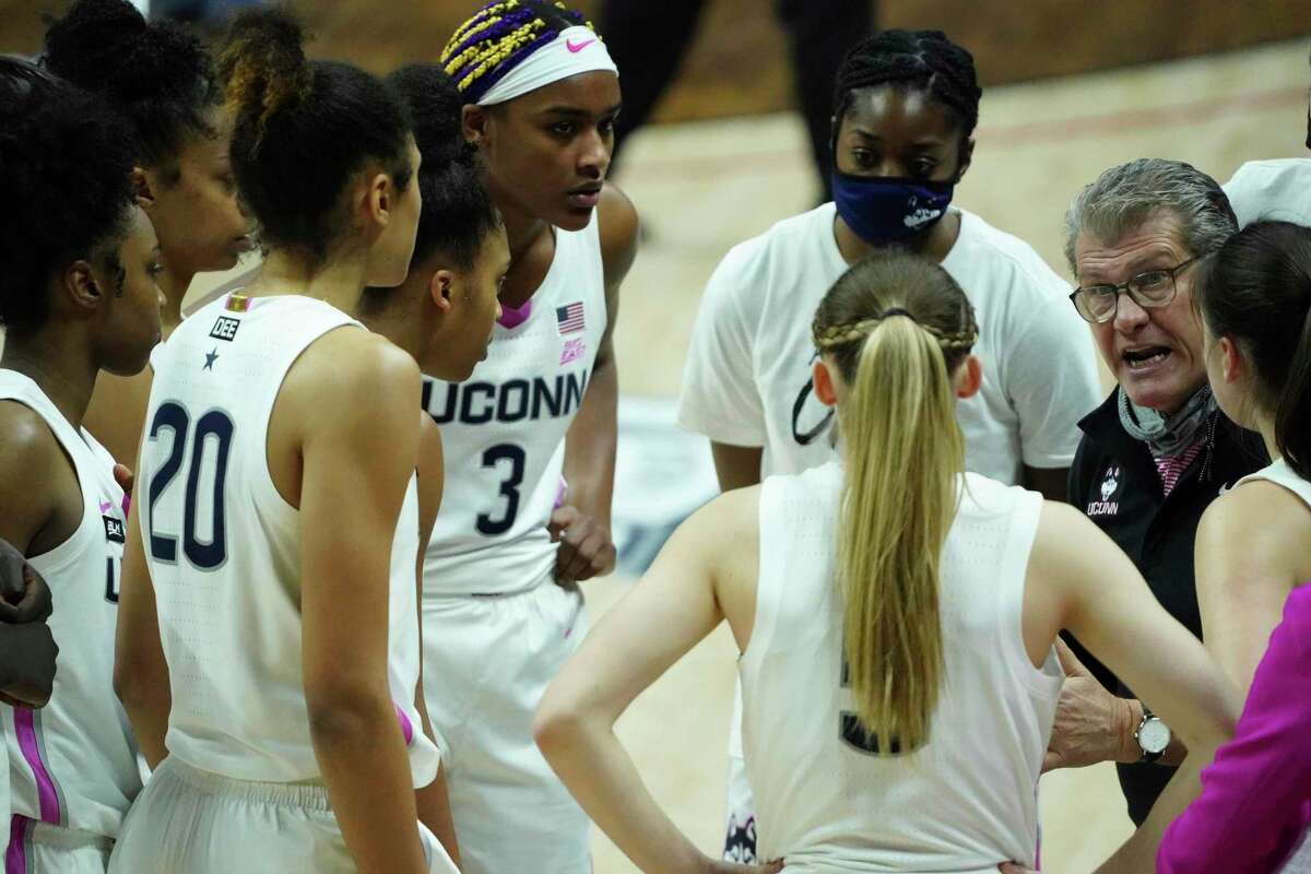 UConn coach Geno Auriemma talks to his team during a break against South Carolina on Feb. 8 in Storrs.