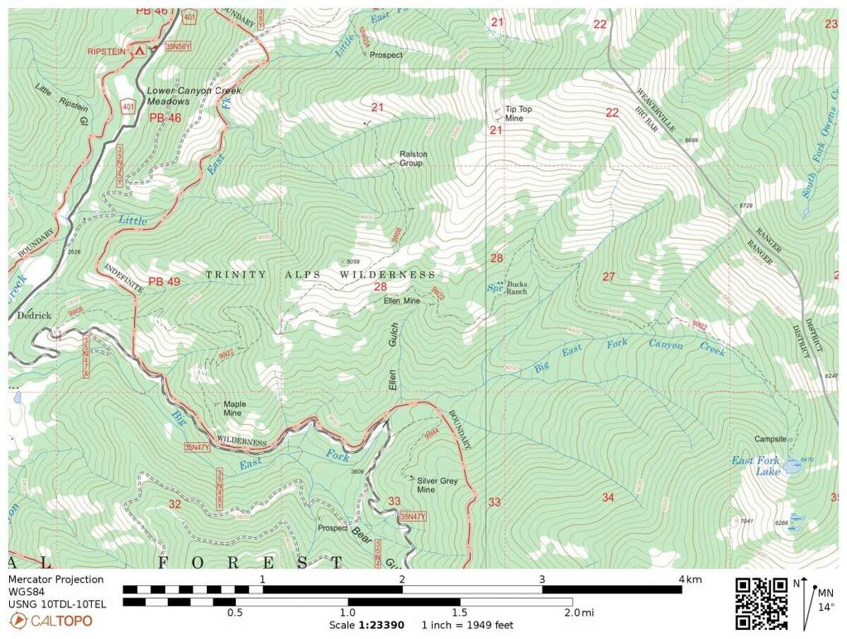 A trail map of East Fork Lakes within the Trinity Alps.