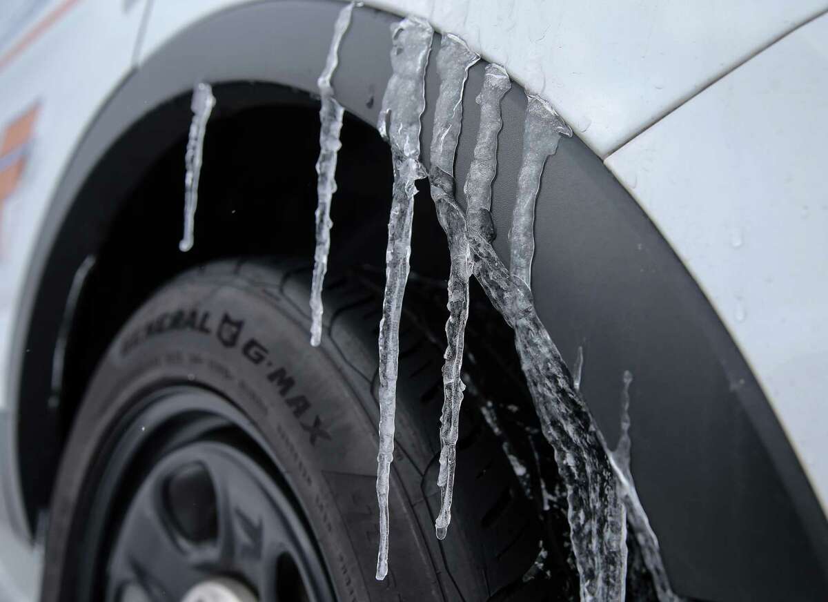 Icicles hanging on a Harris County Sheriff's Office vehicle Monday, Feb. 15, 2021, in Houston.