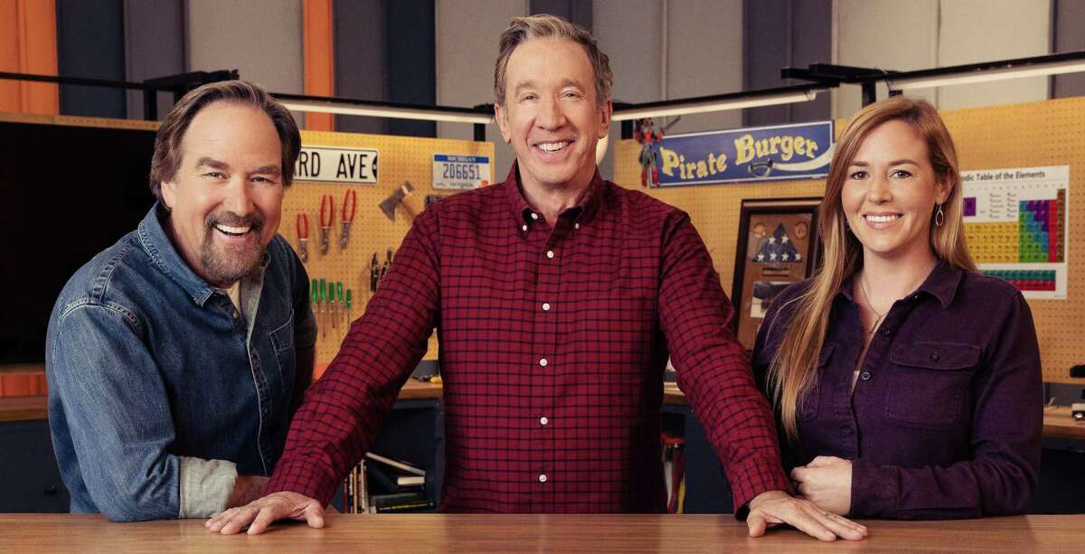 Richard Karn (from left), Tim Allen and Corpus Christi native April Wilkerson star in “Assembly Required,” a new competition show on the History Channel.