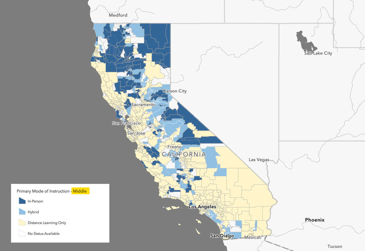 Map depicts which various modes of instruction are in operation for California schools.