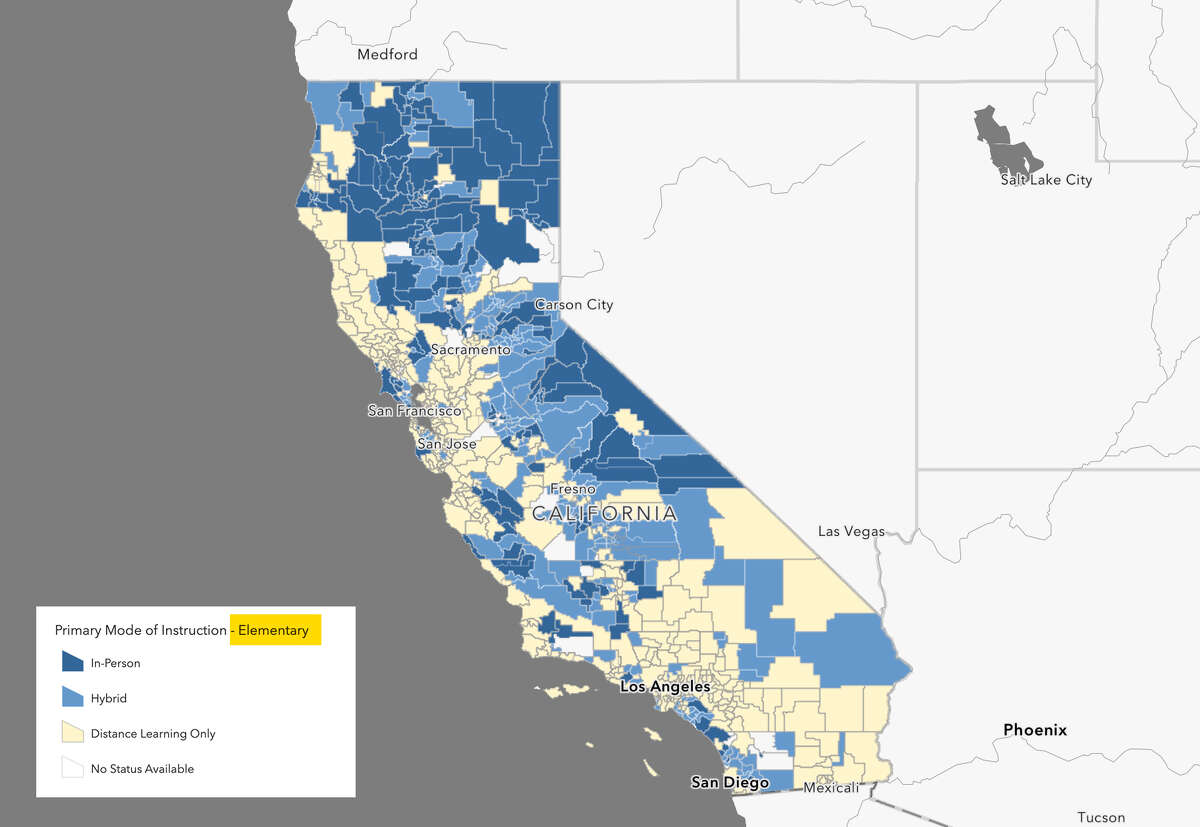 Map depicts which various modes of instruction are in operation for California schools.