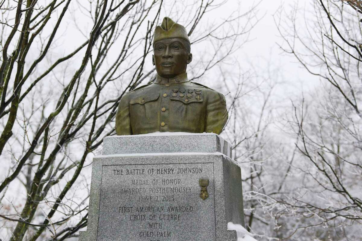 A view of the Henry Johnson statue in Washington Park on Tuesday, Feb. 16, 2021, in Albany, N.Y. (Paul Buckowski/Times Union)