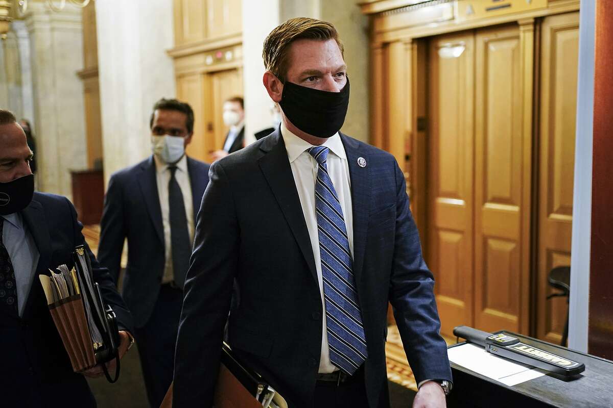 Rep. Eric Swalwell, D-Calif., at the end of the day of second impeachment trial of former President Donald Trump, at the Capitol, Wednesday, Feb. 10, 2021, in Washington. 