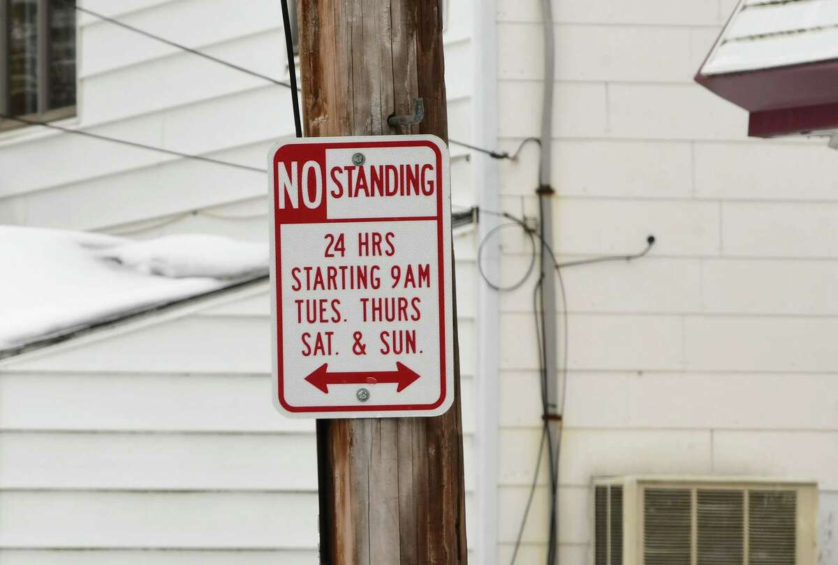 Parking sign on Hegeman St. in the Bellevue neighborhood on Tuesday, Feb. 16, 2021 in Schenectady, N.Y. (Lori Van Buren/Times Union)