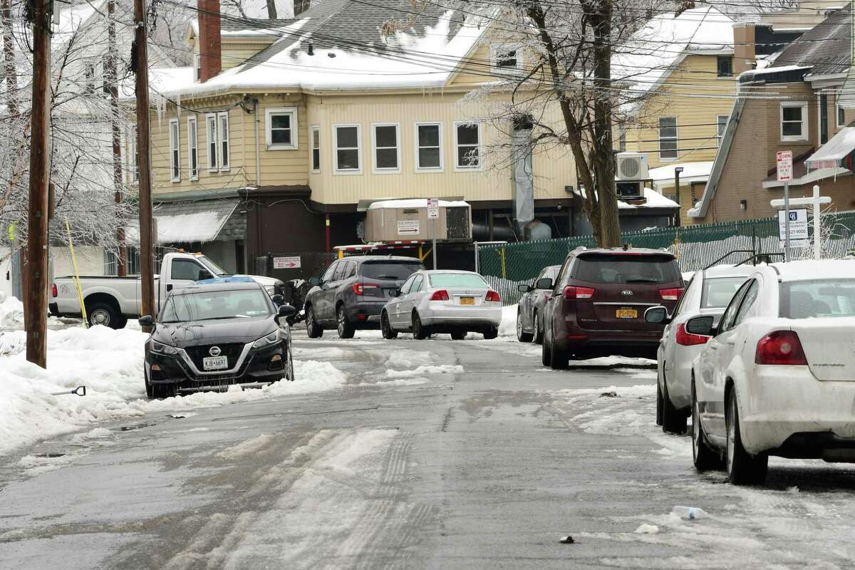 A car is seen parked illegally on the left side of Hegeman St. in the Bellevue neighborhood on Tuesday, Feb. 16, 2021 in Schenectady, N.Y. (Lori Van Buren/Times Union)