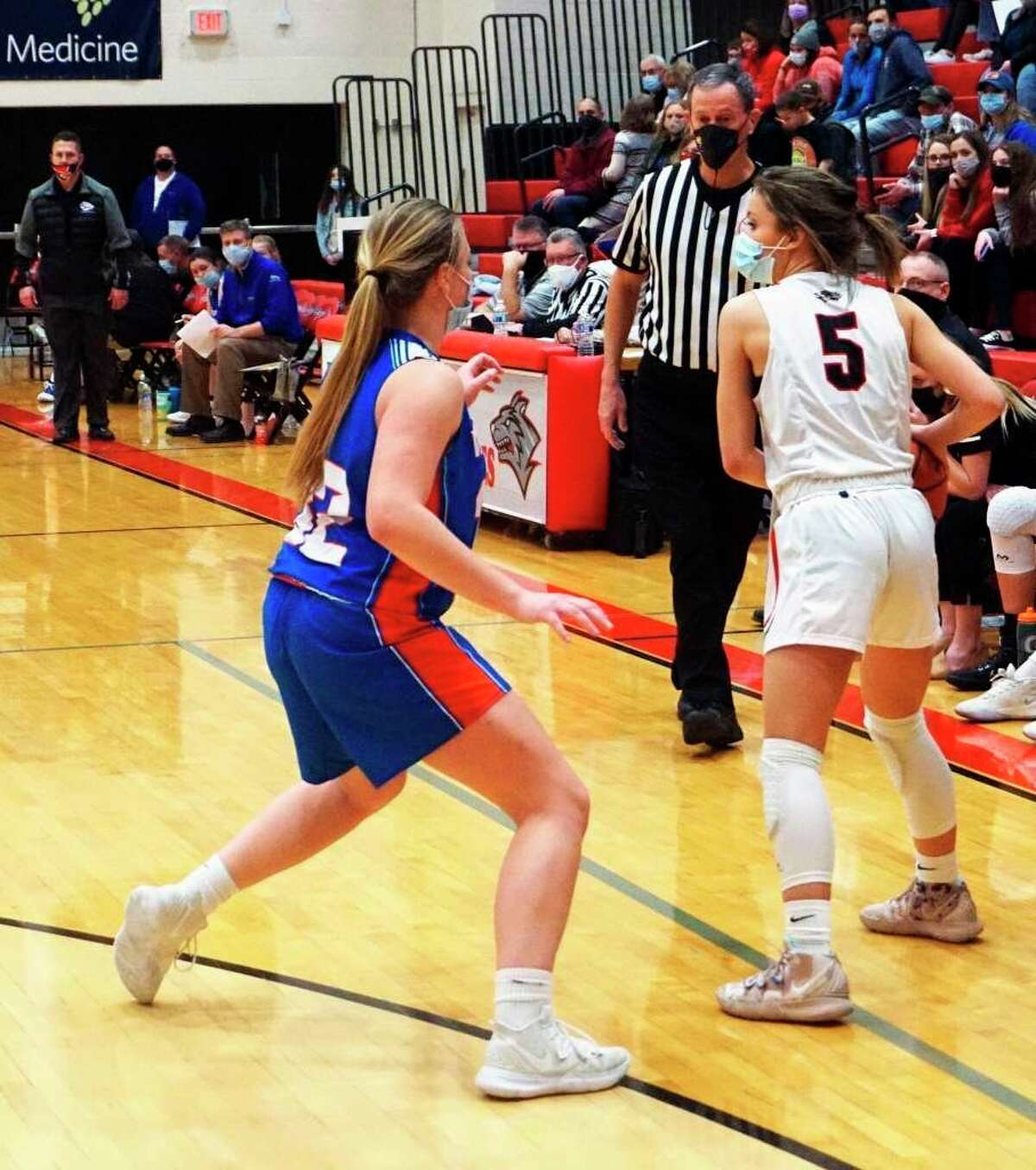Reed City's Rylee Harrison looks to make a move on the Chippewa Hills defense in Friday's game. (Herald Review photo/Joe Judd)