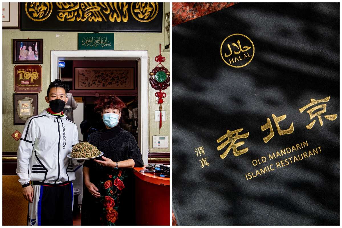 LEFT: Shuai Yang, left, and Feng Wang, his mother, right. RIGHT: A menu cover.