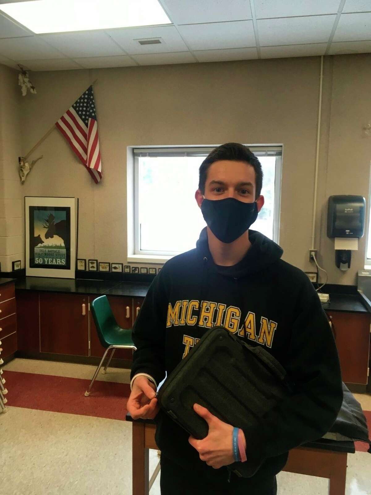 Jack Holtgren enjoys some downtime between events during the West Ottawa Science Olympiad tournament Saturday. Manistee High School had two teams attend virtually, with the Gold team placing eighth. (Courtesy photo)