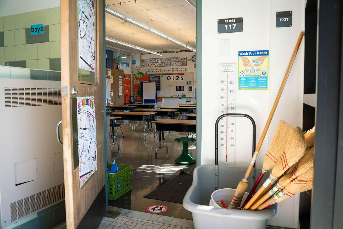 A first-grade classroom is prepped to welcome students back for in-person learning at Sunset Elementary School.