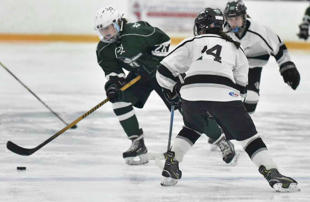 West Haven, Connecticut - Saturday, February 29, 2020: Guilford vs. The Blades of Amity/New Haven. Cheshire during the 2020 Southern Connecticut Conference SCC Girls Ice Hockey Championship game Saturday at Bennet Rink in West Have