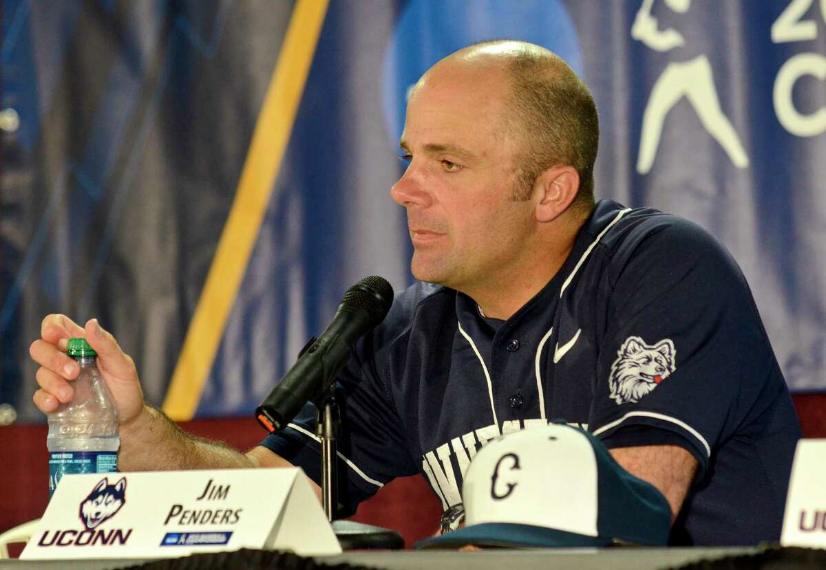 UConn head coach Jim Penders speaks to media following the conclusion of an NCAA college baseball tournament regional game against Virginia Tech at English Field in Blacksburg, Va., Sunday, June 2, 2013. (AP Photo/Michael Shroyer)