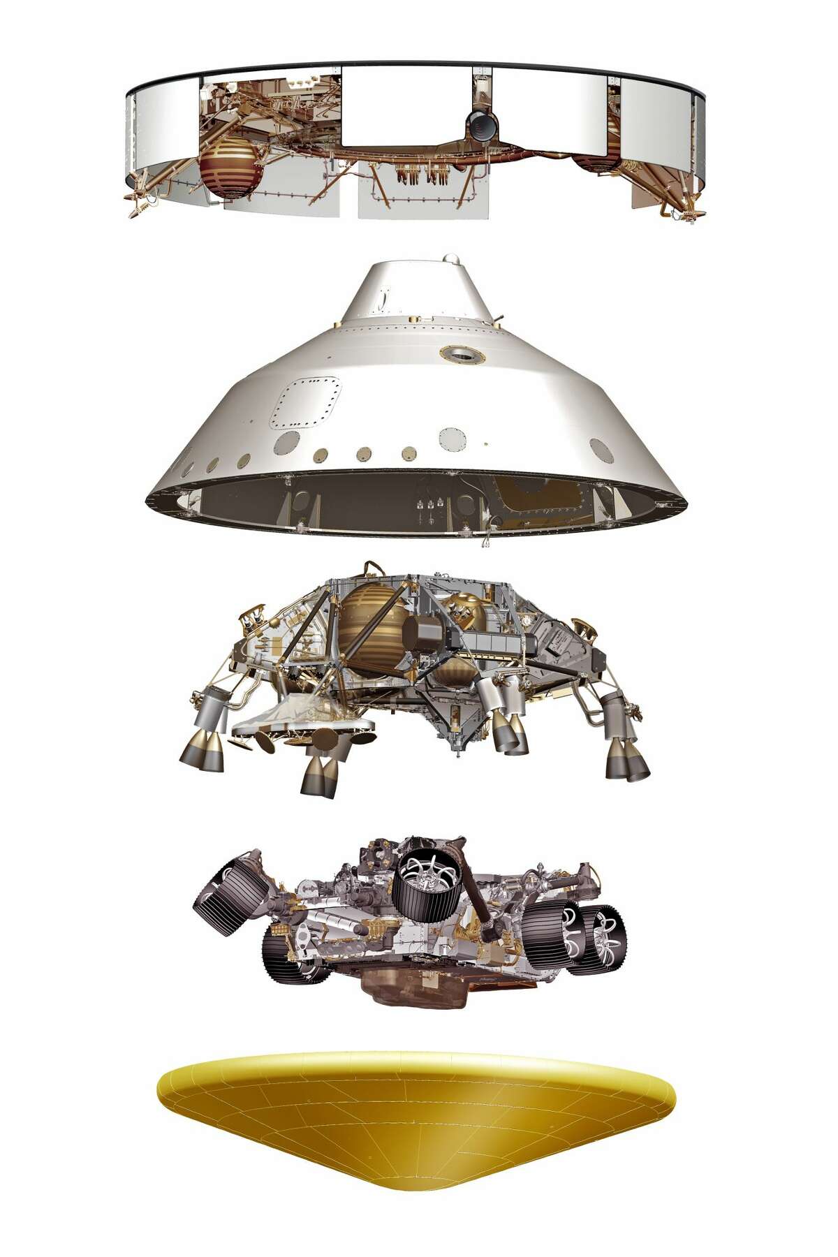 This illustration depicts five major components of the Mars 2020 spacecraft. Top to bottom: cruise stage, backshell, descent stage, Perseverance rover and heat shield. The various components perform critical roles during the vehicle's cruise to Mars and its dramatic Entry, Descent, and Landing.