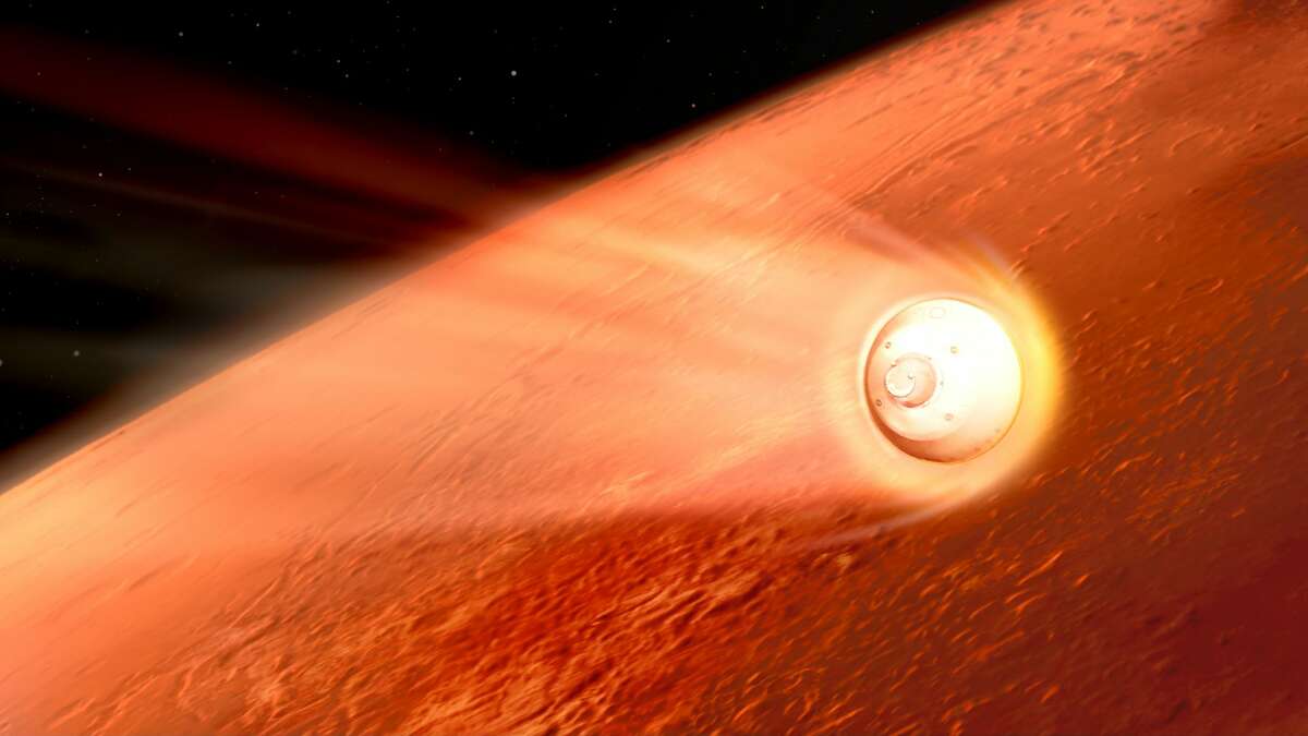 In this illustration of its descent to Mars, the spacecraft containing NASA's Perseverance rover slows down using the drag generated by its motion in the Martian atmosphere.