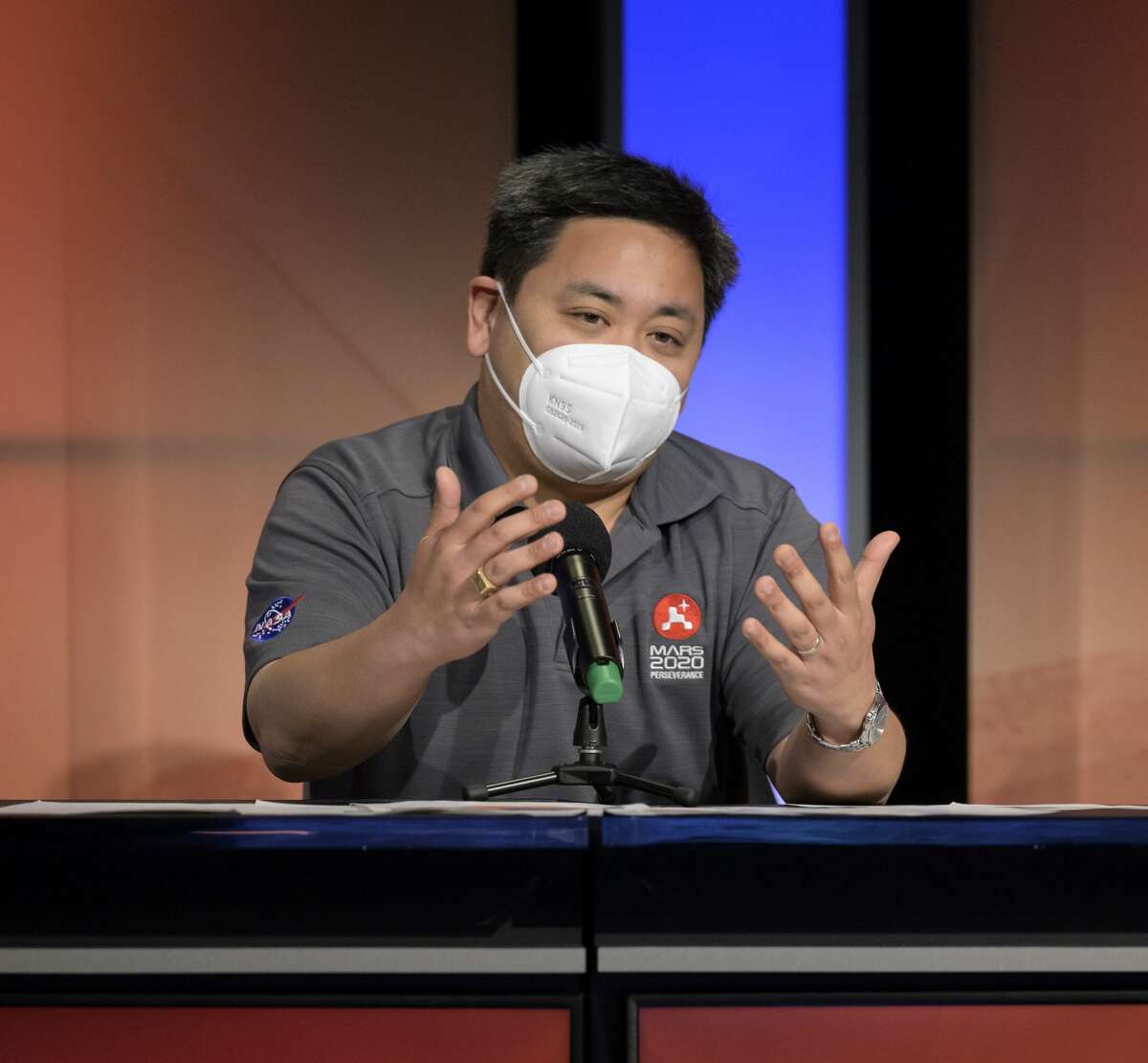 Allen Chen, Perseverance entry, descent, and landing lead, JPL, gives remarks during a NASA Perseverance rover mission landing update, Wednesday, Feb. 17, 2021, at NASA's Jet Propulsion Laboratory in Pasadena, California.