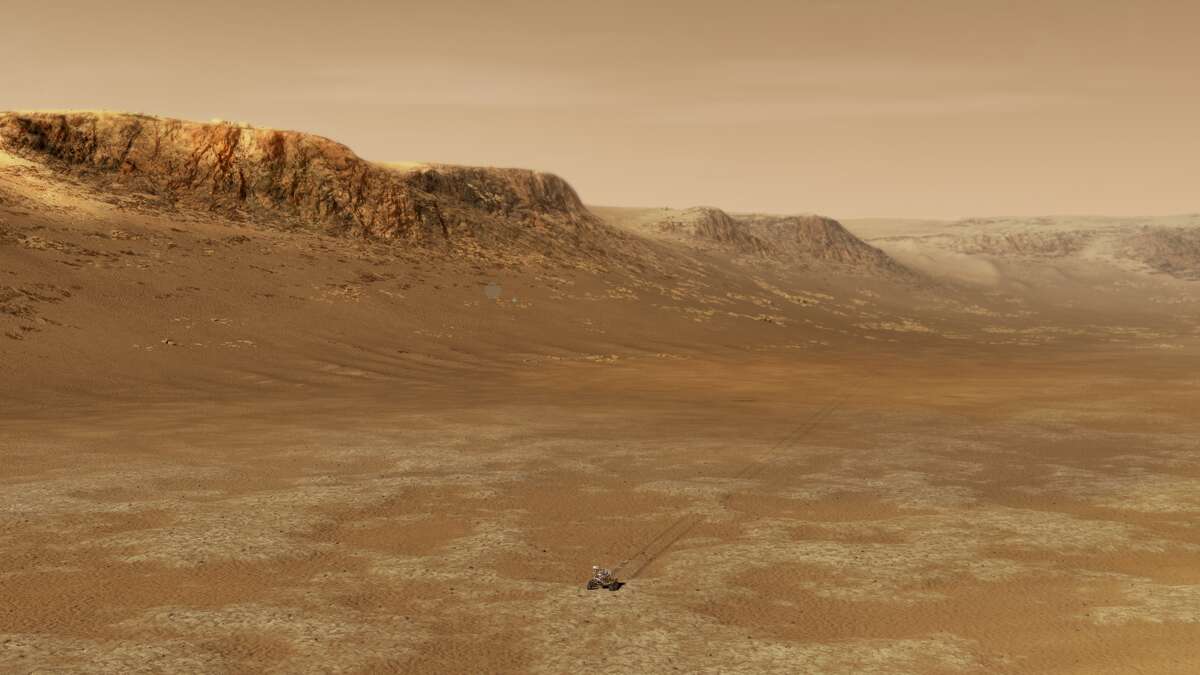 This illustration shows the NASA Perseverance rover exploring in the Jezero Crater.