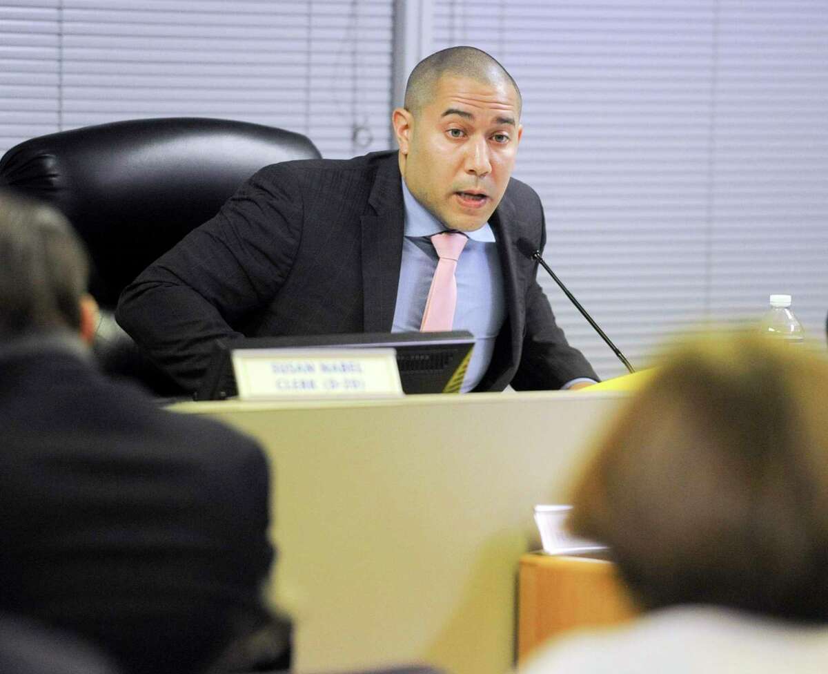 Matthew Quinones, President for the City of Stamford Board of Representatives calls to order a special meeting in the Legislative Chambers of the Government Center in Stamford, Conn. on Tuesday, March 12, 2019.