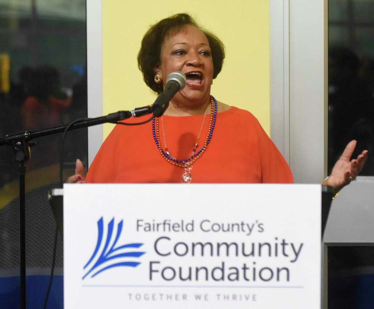 Fairfield County's Community Foundation President and CEO Juanita James speaks at the kickoff for Fairfield County's Giving Day, the region's biggest philanthropic day of the year, at Chelsea Piers in Stamford, Conn. Thursday, March 1, 2018.