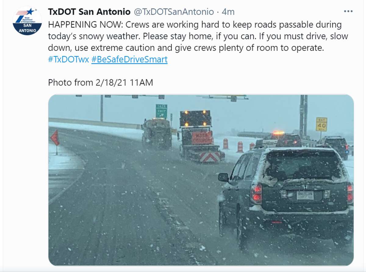 HAPPENING NOW: Crews are working hard to keep roads passable during today’s snowy weather. Please stay home, if you can. If you must drive, slow down, use extreme caution and give crews plenty of room to operate. #TxDOTwx #BeSafeDriveSmart