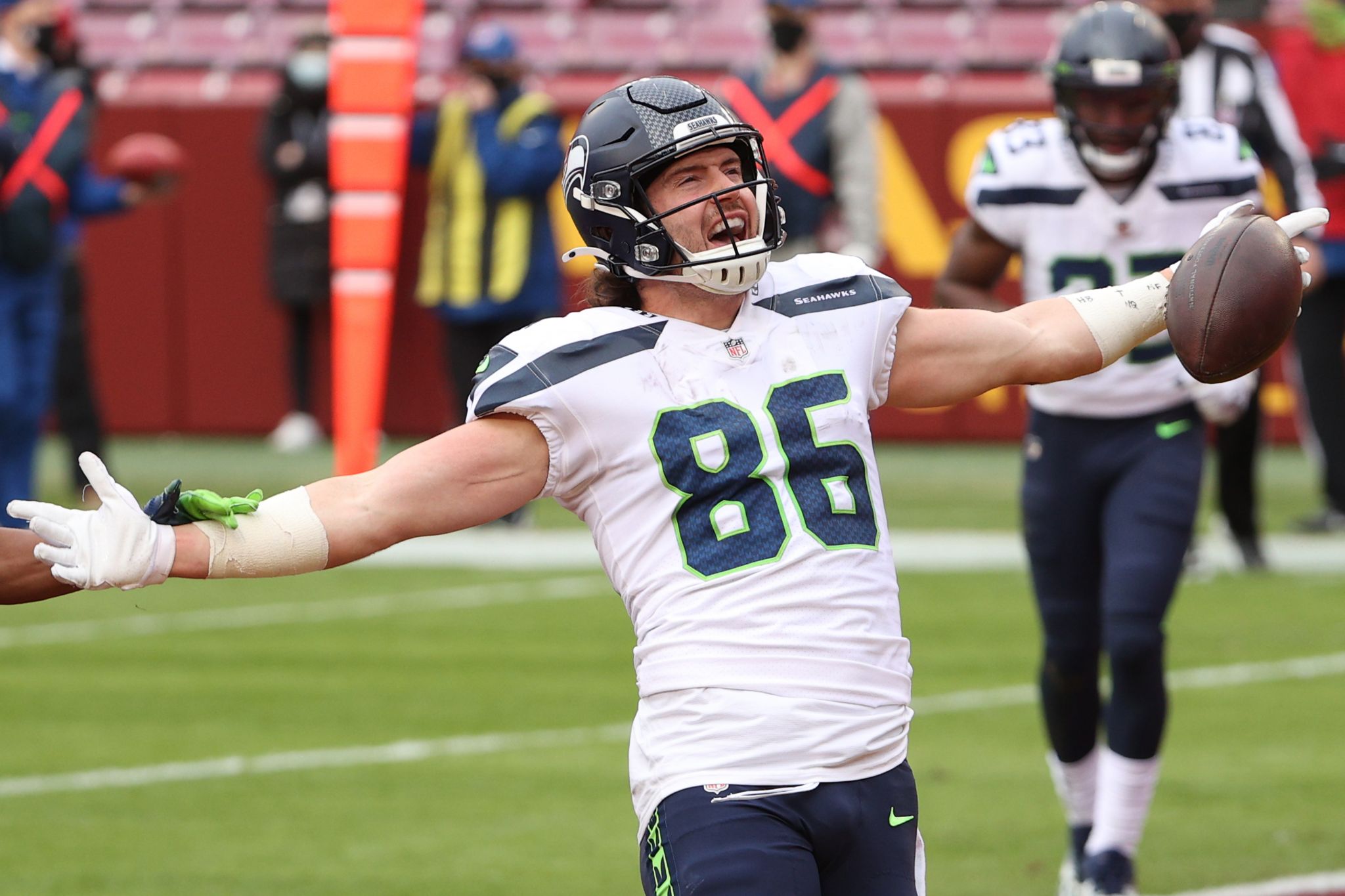 Seattle Seahawks cornerback Linden Stephens (34) reacts after the